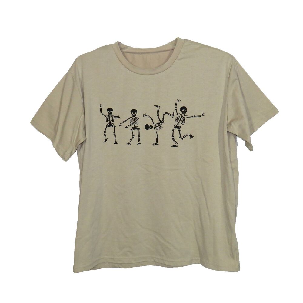 Women's Beige Soft Stretchy Relaxed Fit Dancing Skeletons Graphic Tee Size Small